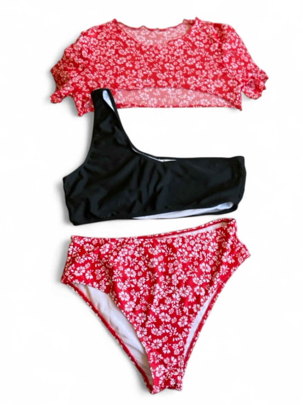 3 Piece Swimwear Set -  Black One Shoulder Top / Red Floral Bottoms + Cover Up